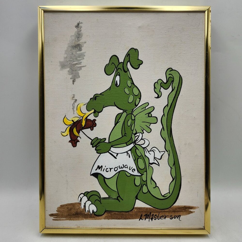 Dragon Cartoon Painting L Masterson Framed Canvas 9X12 Green White Gold Framed
